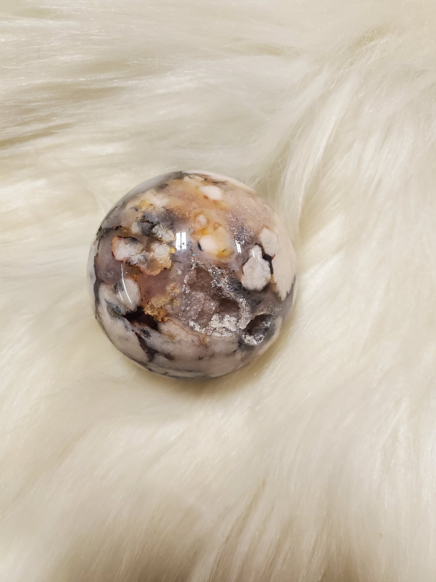 Black flower agate sphere with druzy