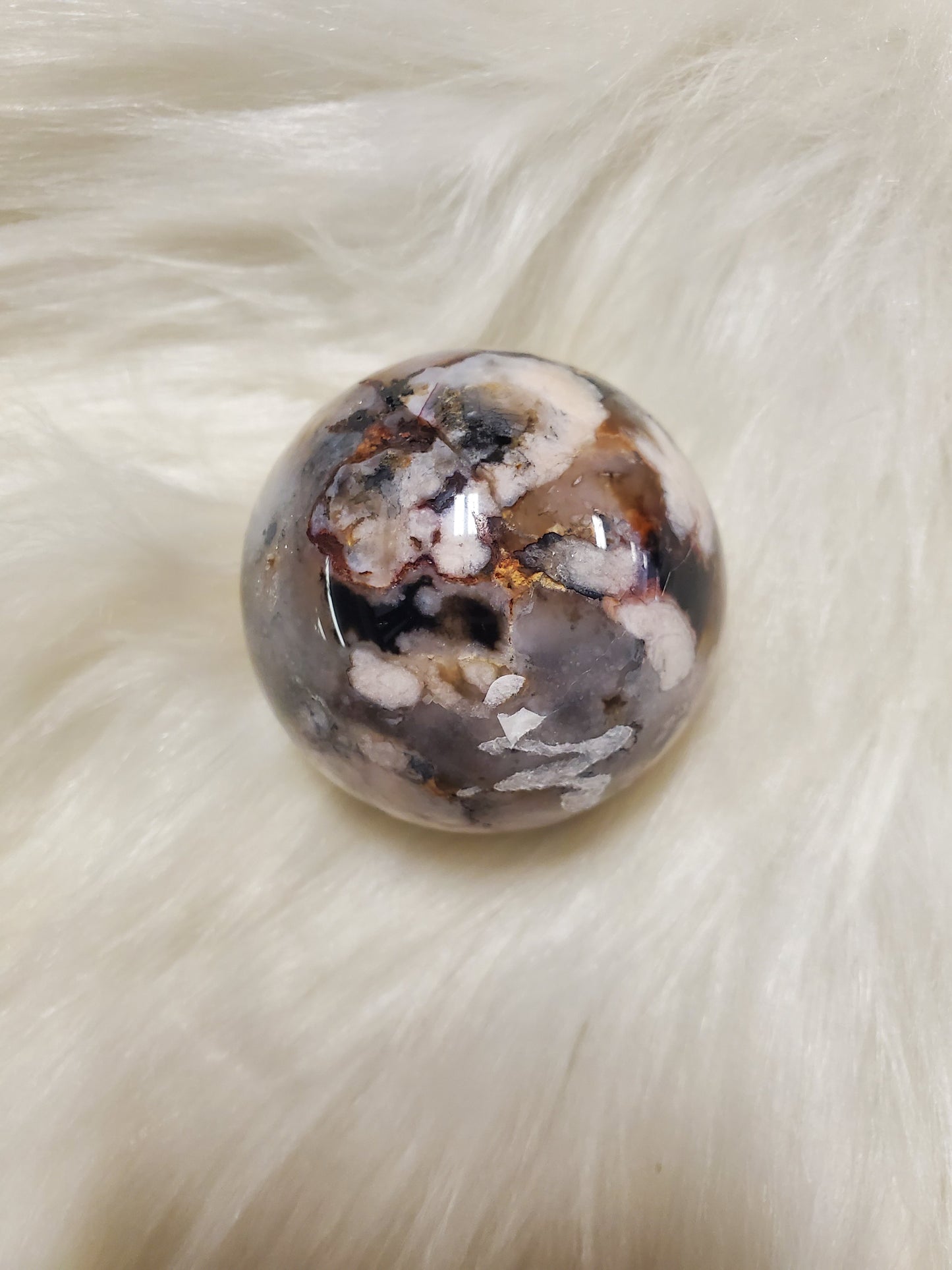 Black flower agate sphere with druzy