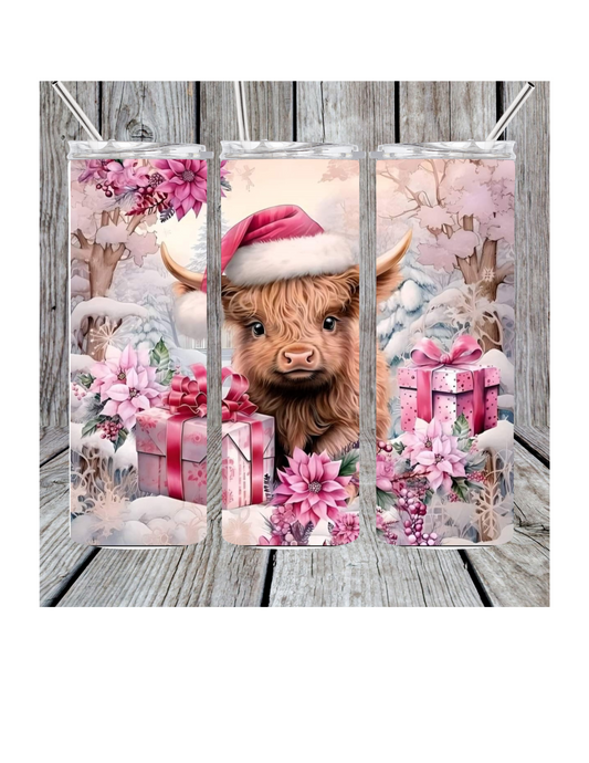 Pink Christmas cow tumbler